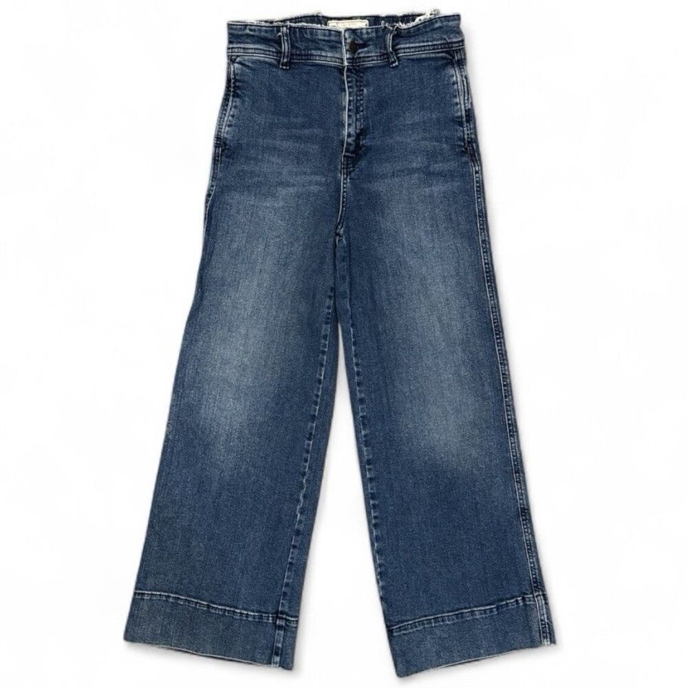 Free People Wide Leg Jeans Crop Women’s Sz 2 High Rise Distressed Raw Hem Boho